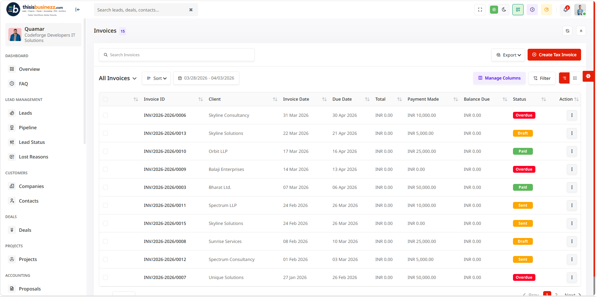 Accounts and invoicing dashboard