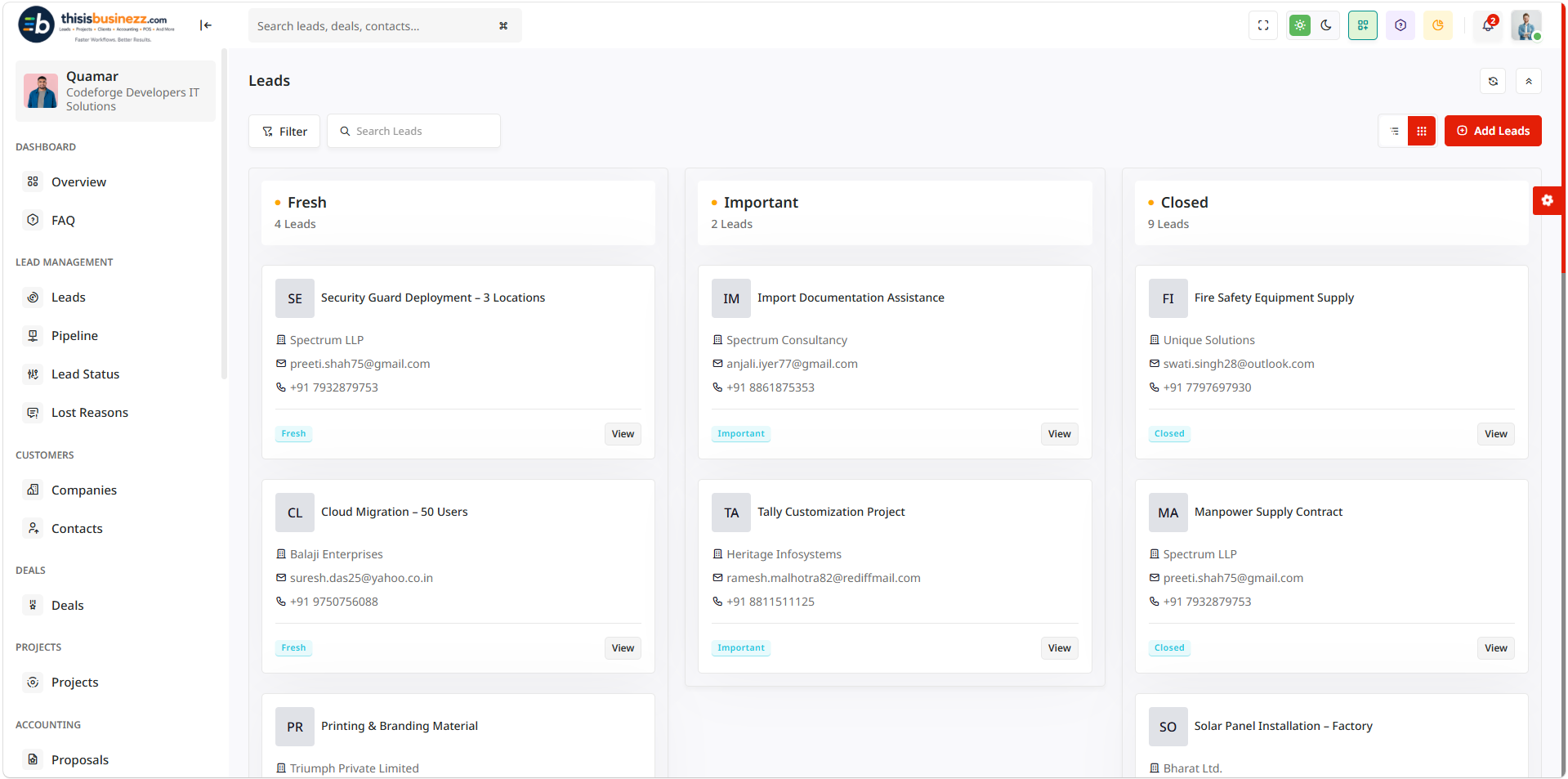 CRM lead pipeline board